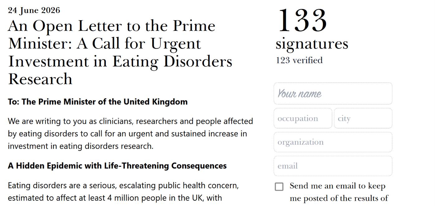 Call for Signatures - An Open Letter to the Prime Minister: A Call for Urgent Investment in Eating Disorders Research 